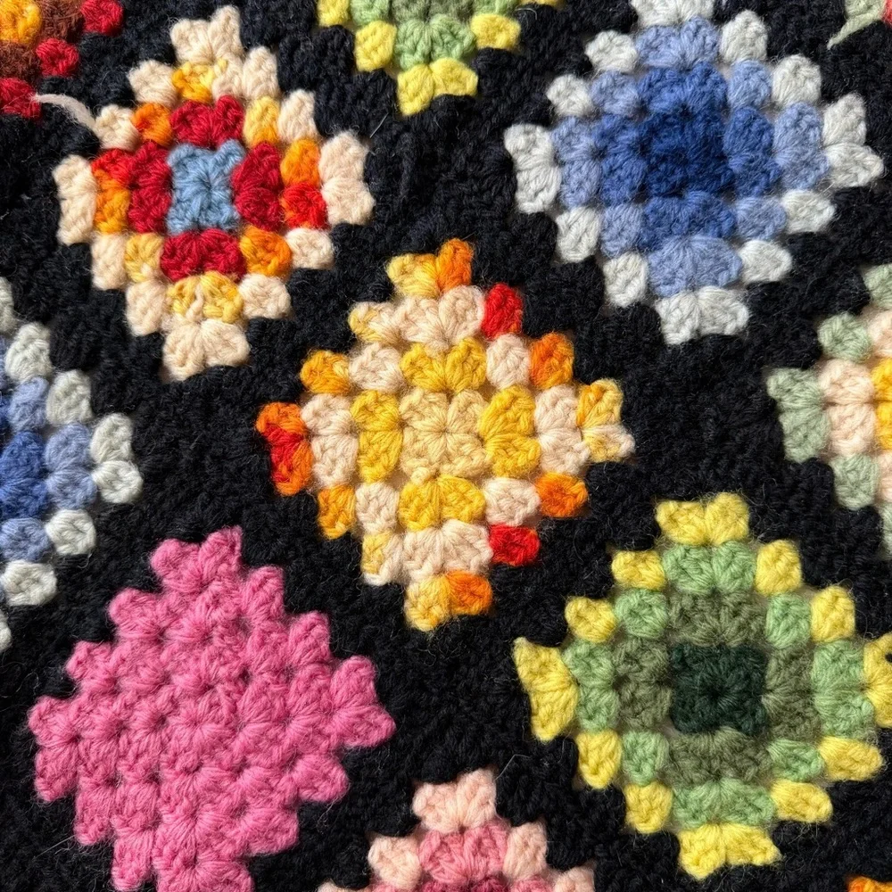 Vintage Crochet Granny Square Blanket 50”x70” Black Multicolor Afghan Boho Retro